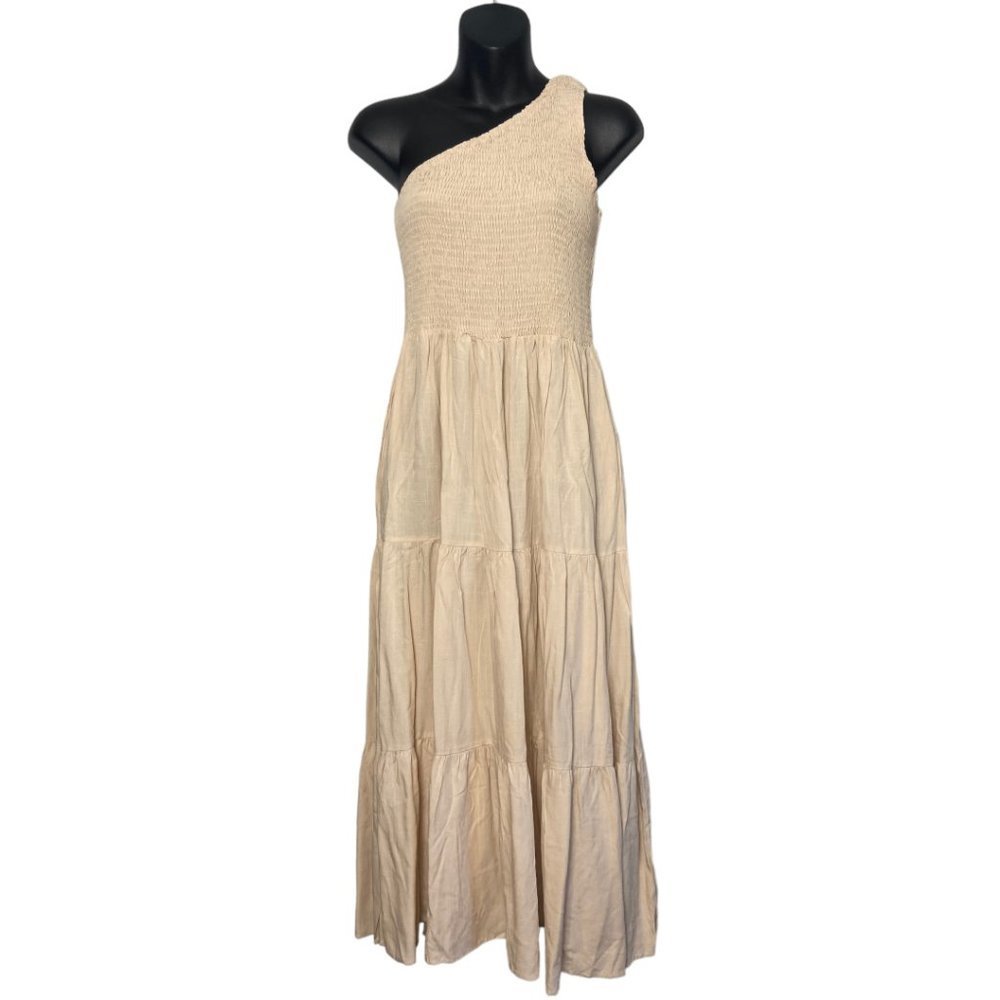 Womens Midi Length Smocked One Shoulder Boho Dress